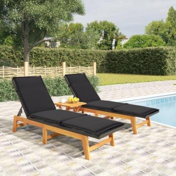 3 Piece Black Acacia Wood & Poly Rattan Garden Lounge Set