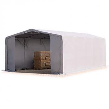 Carpa industrial TOOLPORT 8x10 m con altura lateral de 3,6 m, entrada con cremallera, fabricada en PVC 850 N, 100% impermeable, color gris