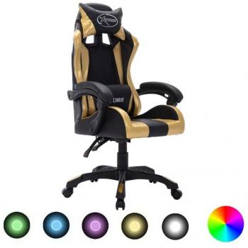 Silla Gaming Prolenta Premium con Luces LED RGB en Cuero Negro y Dorado, 112 cm