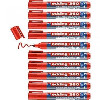 Edding 360 marcador para pizarras blancas - rojo - 10 rotuladores - punta redonda 1.5-3 mm - rotulador para pizarra blanca, borrado en seco - pizarra blanca, flipchart, tablón de notas - recargable