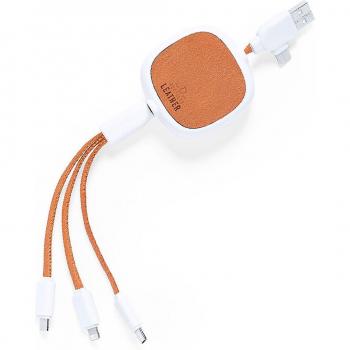 Cable Cargador Extensible DAM de Cuero con Conexiones Micro USB, Tipo C y Lightning - 5V DC 2.4A, Color Marrón
