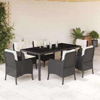 7-Piece Black Poly Rattan Garden Dining Set with Cushions