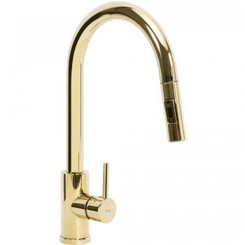 Grifo de cocina Fresh Gold Rea, acabado en oro, diseño moderno, caño alto y giratorio, sistema de instalación fácil, material resistente a la corrosión