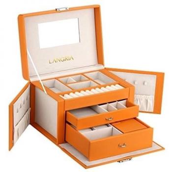 LANGRIA Caja Joyero Rectangular de Piel Sintética, con Compartimentos Extraíbles, Cierre con Llave, Interior Aterciopelado y con Espejo, Incluye Cajita de Viaje, Estuche para Joyas, Bisutería, Accesorios, Maquillaje