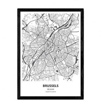 Póster A3 Mapa de Bruselas, Bélgica - Lámina en Color Negro con Ciudades, Mares y Ríos de Holanda y Bélgica (Sin Marco)