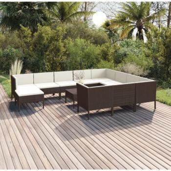 12-Piece Brown Poly Rattan Garden Lounge Set with Cushions