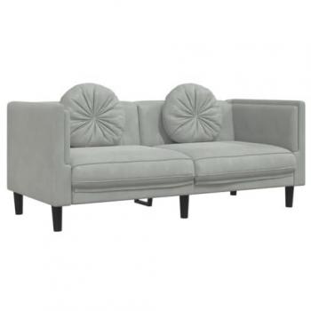 Sofá de 2 plazas con cojines de terciopelo gris claro, tapizado en terciopelo suave, incluye cojines decorativos, diseño moderno, estructura resistente y cómoda para el salón