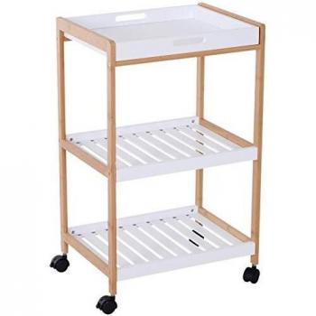 Carro de cocina HOMCOM con ruedas, 2 estantes y bandeja extraíble de madera de pino MDF blanco