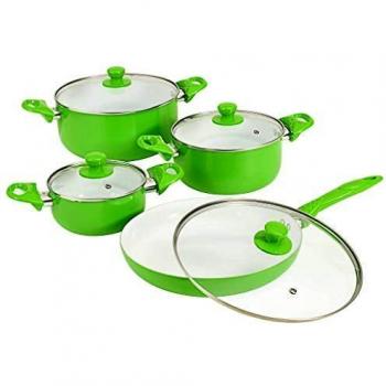 vidaXL Juego Sartenes Ollas 8 Pzas Revestimiento Cerámico Aluminio Utensilios Cocina Sartén + 3 Cazuelas + 4 Tapas Vidrio Batería Cocina Verde Blanco