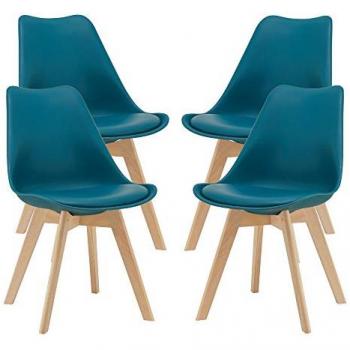 Juego de 4 sillas de comedor Fläten en cuero sintético con patas de haya, color turquesa, dimensiones 81 x 49 x 57 cm