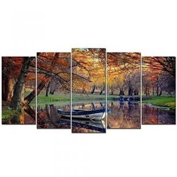 DekoArte 156 - Cuadros Modernos Impresión de Imagen Artística Digitalizada | Lienzo Decorativo Para Tu Salón o Dormitorio | Estilo Paisaje Otoño Agua Tonos Marrones Naturaleza | 5 Piezas 200x100cm XXL