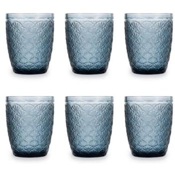Set de 6 Vasos Bajos de Vidrio Azul con Relieve Ecológicos - 24cl, Apto para Frigorífico