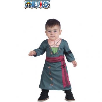 Disfraz de Roronoa Zoro de One Piece para bebé - Incluye traje completo con camiseta verde, pantalones cortos, cinturón rojo y bandana; fabricado en materiales suaves y cómodos; disponible en tallas para