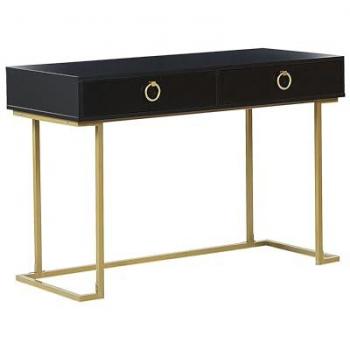 Consola Negra Glamour 2 Cajones con Tiradores de Anillo y Base de Metal Dorado 115 x 50 cm Estilo Moderno