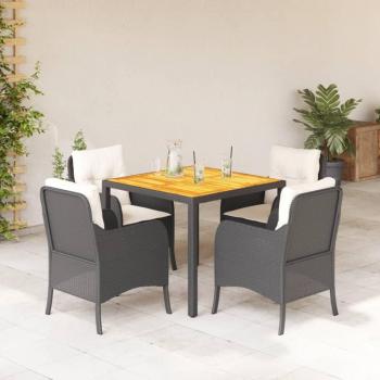 5-Piece Black Poly Rattan Garden Dining Set with Cushions