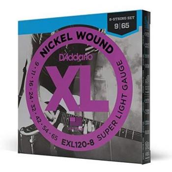 D'Addario EXL120-8 Super Light Nickel Wound 8-String Electric Guitar Strings, Gauge 09-65
