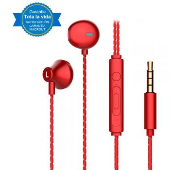 Macrout Auriculares con Cable, Auriculares in-Ear con Deportivos Sonido Estéreo Hi-Fi Cancelación de Ruido con Microfono Control de Volumen para iPhone Android iPad 3.5mm Rojo
