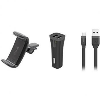 Muvit Pack Soporte de Coche para Rejilla de Ventilación Ajustable hasta 6.2 Pulgadas con Cargador de Coche Dual USB 2A y Cable Micro-USB de 1 Metro -