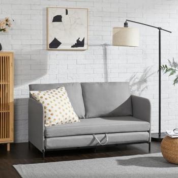 Sofá cama Soini plegable 2 en 1 con reposabrazos y 2 cojines, diseño compacto de espuma textil y metal, medidas 78 x 125 x 67 cm - Gris claro