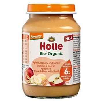 Tarrito ECO de Manzana y Plátano con Espelta Holle 190 g, adecuado para bebés a partir de 6 meses, contiene ingredientes orgánicos, sin azúcares añadidos, sin conservantes ni colorantes