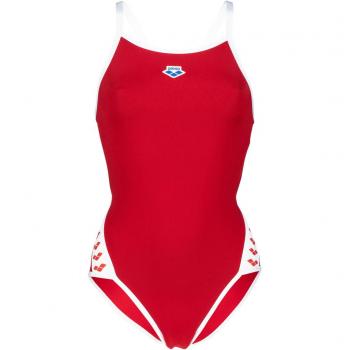 Arena Icons Super Fly Back Solid Femenino Rojo - Traje de baño, diseño de espalda cruzada, color rojo, tejido resistente al cloro, ajuste cómodo y soporte para el busto