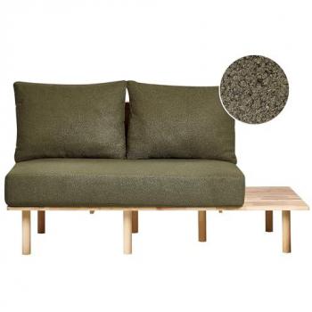 Sofá 2 Plazas Japandi con Estructura de Madera Clara y Mesa Plegable Tapizado en Bouclé Verde Oscuro Salo