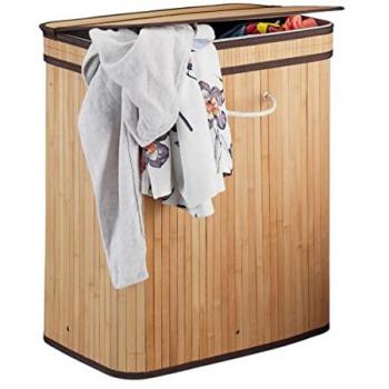 Cestos de Ropa Sucia Rectangulares de Bambú con Tapa y 2 Compartimentos, Pack de 3, Capacidad 95 L, Color Marrón