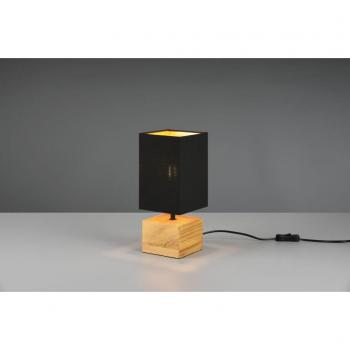 Lámpara de mesa Woody 30 cm, base de madera, pantalla de tela negra, casquillo E14