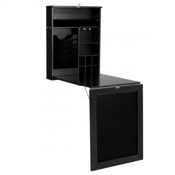 Mesa Compacta Plegable Montada a la Pared, Escritorio para Ordenador Convertible con Pizarra, Repisa Regulable, Color Negro, Dimensiones 87 x 60 x 150 cm