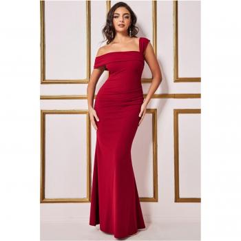 Wine Off The Shoulder Pleated Waist Maxi Dress