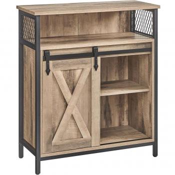 Armario de almacenamiento industrial con puerta corrediza, aparador con compartimento abierto y estante ajustable, ideal para salón, cocina y estudio, marrón rústico y negro