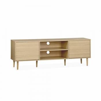 Soporte de TV de madera Mika - Mueble de tv efecto madera con 2 niveles, 3 estantes, 2 puertas, dimensiones L 160 x A 40 x A 56 cm, color natural