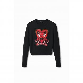 Desigual Women's Black Printed Long Sleeve Knitwear Sweater, Size S