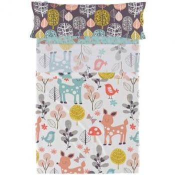 Juego de Sábanas HappyFriday Moshi Moshi Woodland Multicolor para Cama de 105 cm - 2 Piezas