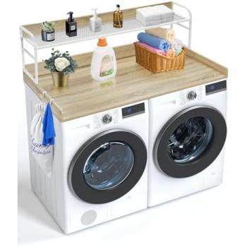 VEVOR 54 x 27 Wooden Washer Dryer Countertop with 2-Tier Shelf, Anti-Slip Pads, Water-Resistant Laundry Organizer in Oak Finish