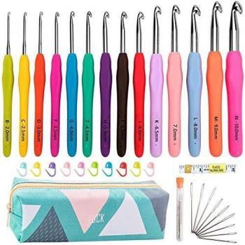 SAIBANGZI Agujas de Ganchillo, 14 Pzs ErgonóMico Suave Antideslizante Mangos De Goma Juego De Agujas De Tejer Con Estuche, Ideal Para Cualquier Tipo De PatróN E Hilado - 2Mm~10Mm, Regalo Para Mujer