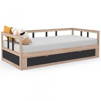 Sofá cama convertible Zoya 90 x 190 cm a 180 x 190 cm en haya y negro con cajón de almacenaje