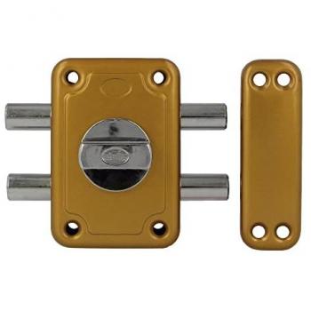 Cerradura de Sobreponer Amig Mod. 82 con 2 Bulones de Cierre y Muletilla Interior para Puertas de Madera, Cilindro Redondo de Seguridad, Acero Esmaltado Oro