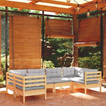 6 Piece Pinewood Garden Lounge Set with Gray Cushions