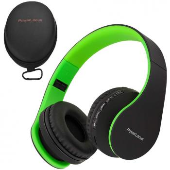 PowerLocus P1 – Auriculares Bluetooth inalambricos de Diadema Cascos Plegables, Casco Bluetooth con Sonido Estéreo con Conexión a Bluetooth Inalámbrico y Cable para Movil, PC, Tablet - Negro/Verde