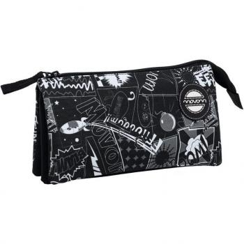 Movom Estuche con Tres Compartimentos, Diseño Comic, Color Negro, 1.32 Litros