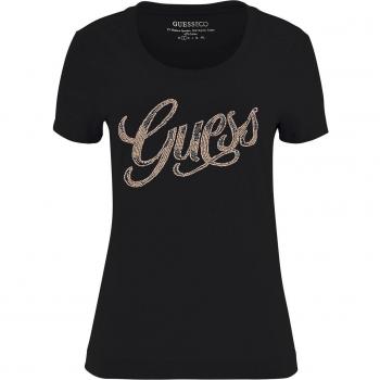 Guess Women's Black T-Shirt with Front Logo and Rhinestones