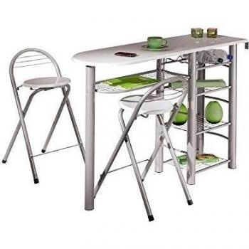 Inter Link Frolly 1 Mesa de Cocina con 2 taburetes de Bar MDF Blanco Metal Brillante Gris Plateado, Aluminio