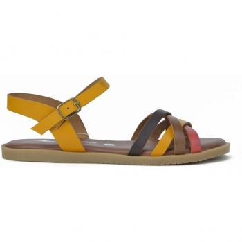 Sandalias planas de mujer KANGAROOS de piel con hebilla, modelo 604-27 P en combinación de colores mostaza y marrón