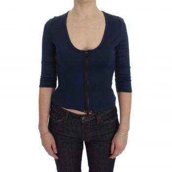 Blue Cotton Top Zipper Deep Crew-neck Sweater