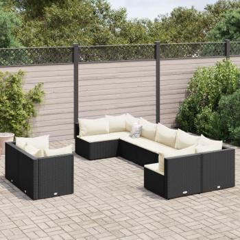 9-Piece Black Poly Rattan Garden Sofa Set with Cushions