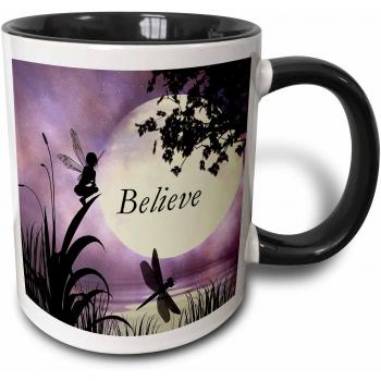 Mensuk Believe, Fairy with Dragonflies with Moon and Purple Sky Two Tone Black Mug, 11 oz, Black/White