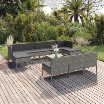 11-Piece Gray Poly Rattan Garden Lounge Set with Cushions
