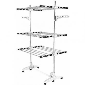 Estante para Secado de Ropa Plegable de Acero Inoxidable con 3 Estantes y Alas Ajustables, Carga Máxima 3 kg por Barra, Color Negro/Blanco