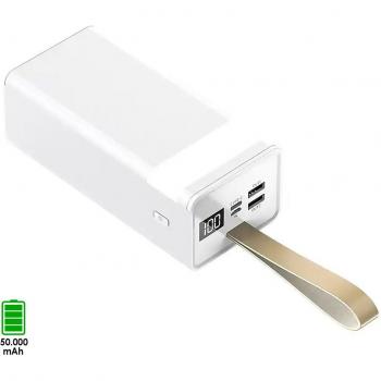 Powerbank DAM 50.000mAh con doble salida USB, carga rápida PD22,5W, salida USB-C, colgante de transporte, linterna de alta potencia y pantalla LED de carga (14x6x6cm)
